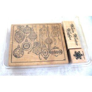Vintage Northwoods CHRISTMAS ORNAMENTS Wooden Rubber Stamp 4.5" and 2 Stampin up
